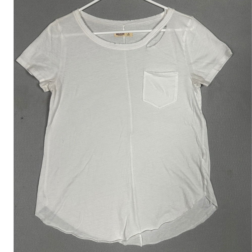 Hollister T-Shirt Womens Small White Casual Distressed Raw Hem Pocket Tee EUC
